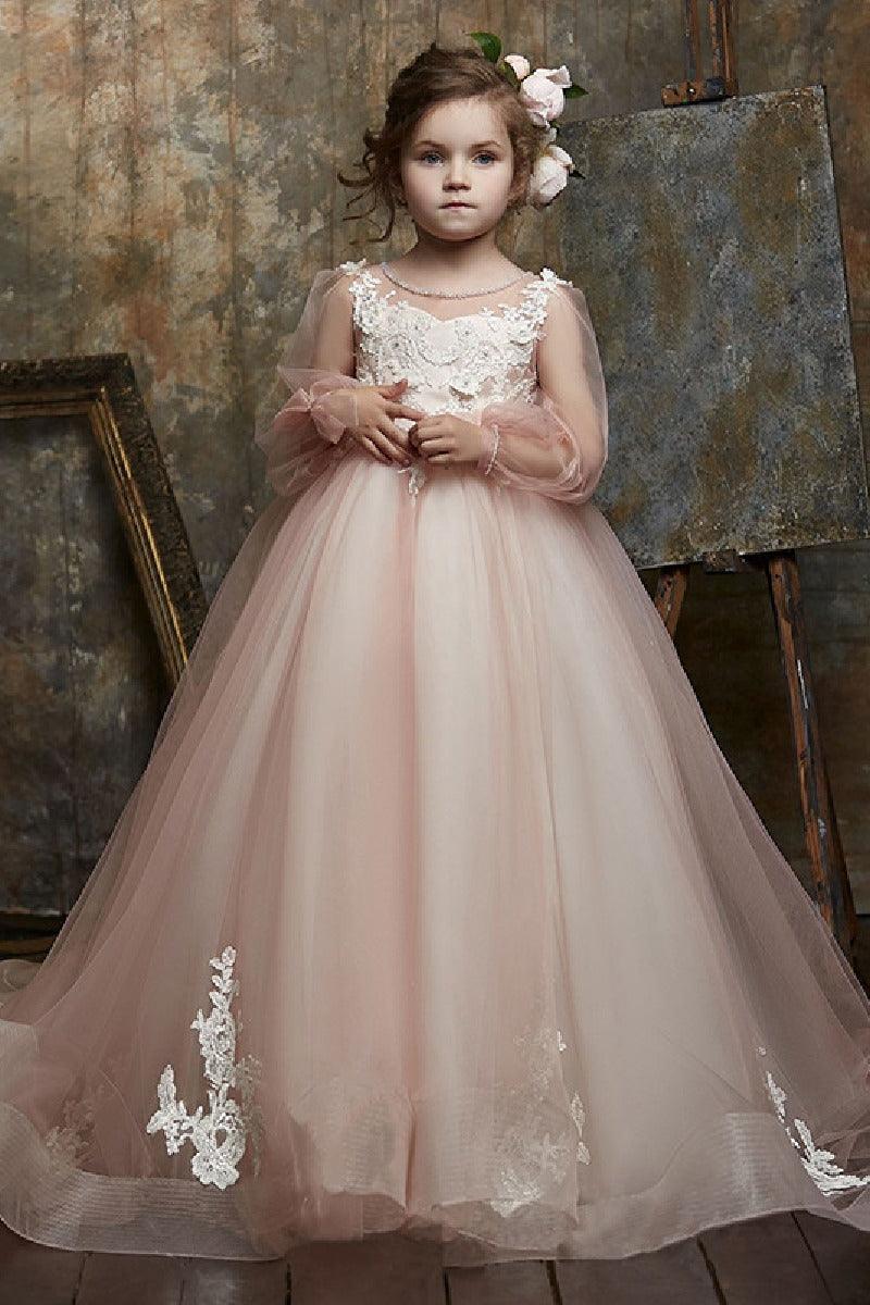 Round Neck Puff Long Sleeve Floral Lace Tulle Flower Girl Dresses 617837002510 - 10 Days / Pink / 2 - COCOMELODY